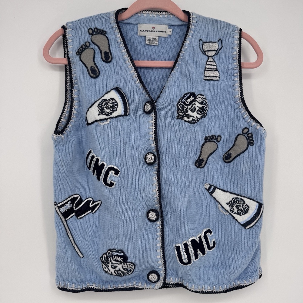 Castles Sport UNC Tar Heels Vintage Sweater Vest Small Blue Embroidered Gameday